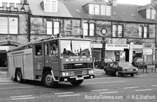 A fire engine leaves the Gosforth fire station in 1987 